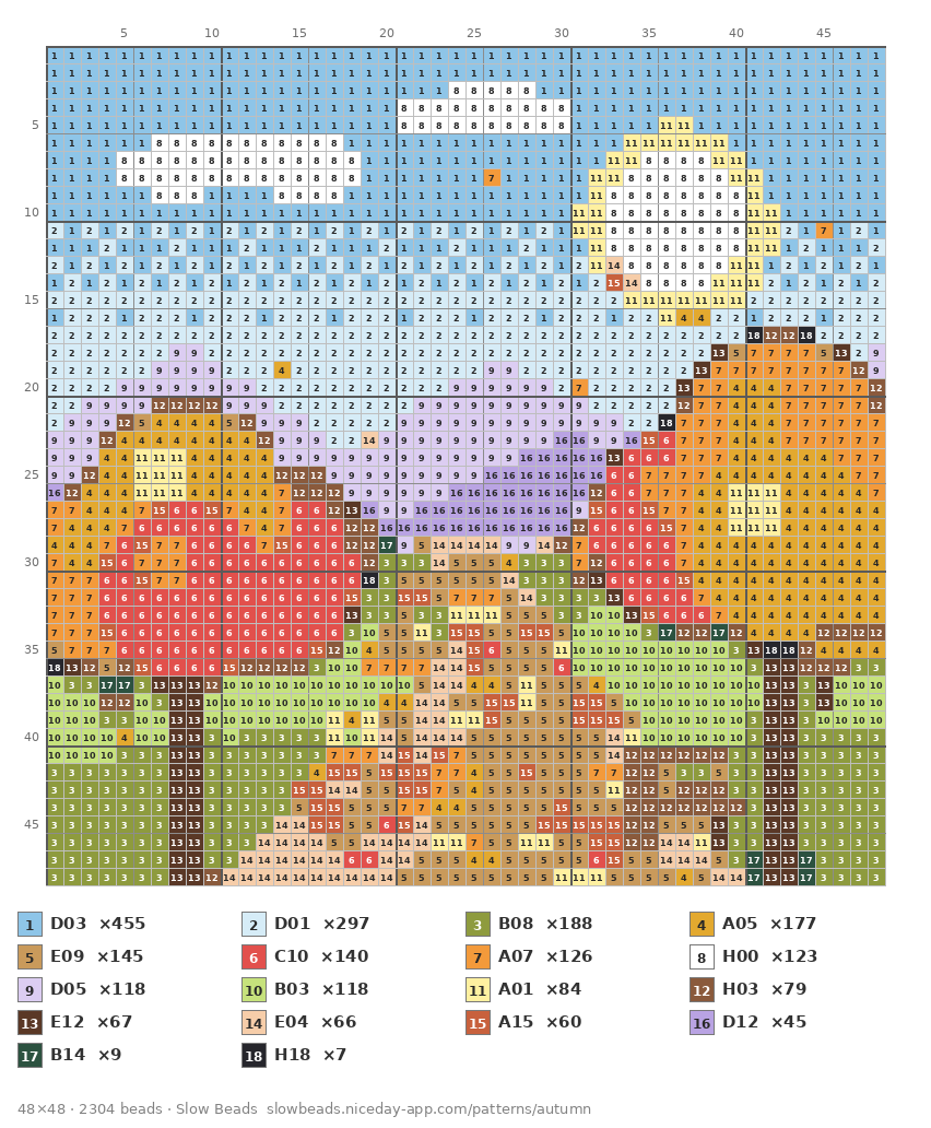 Autumn Path fuse bead pattern chart with color numbers