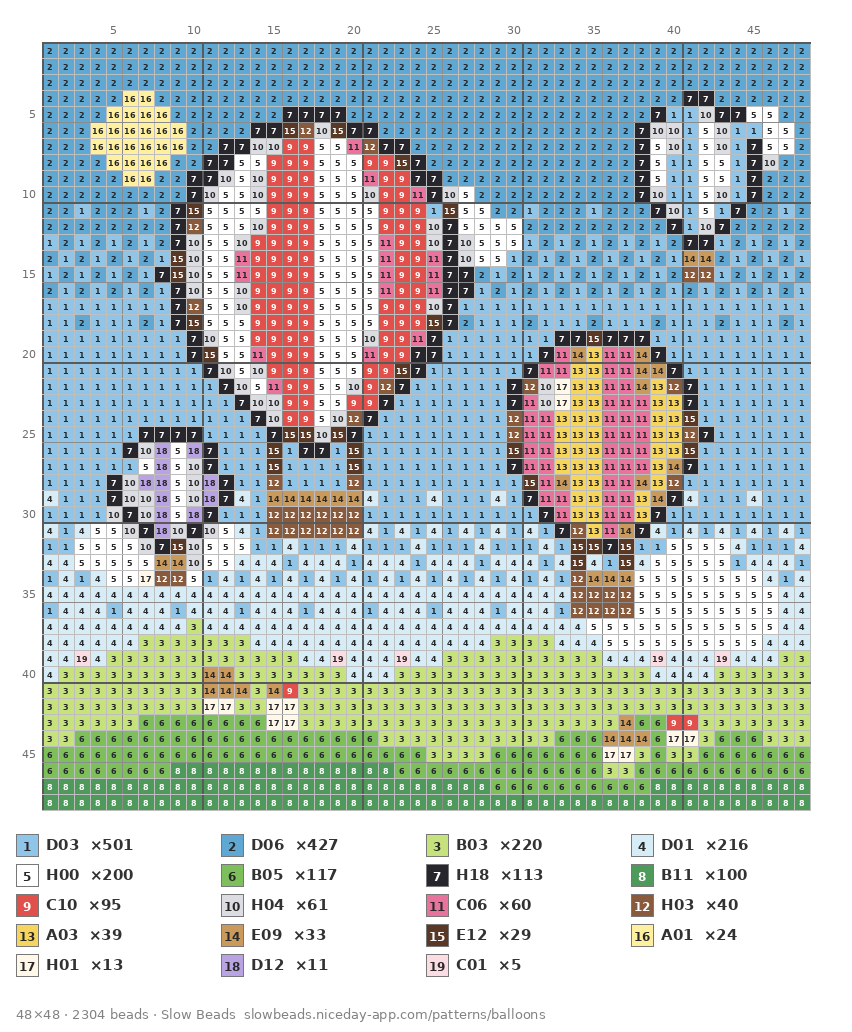 Morning Balloons fuse bead pattern chart with color numbers