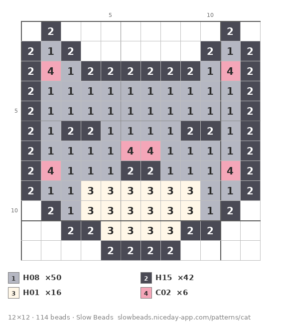 Grey Cat on the Windowsill fuse bead pattern chart with color numbers