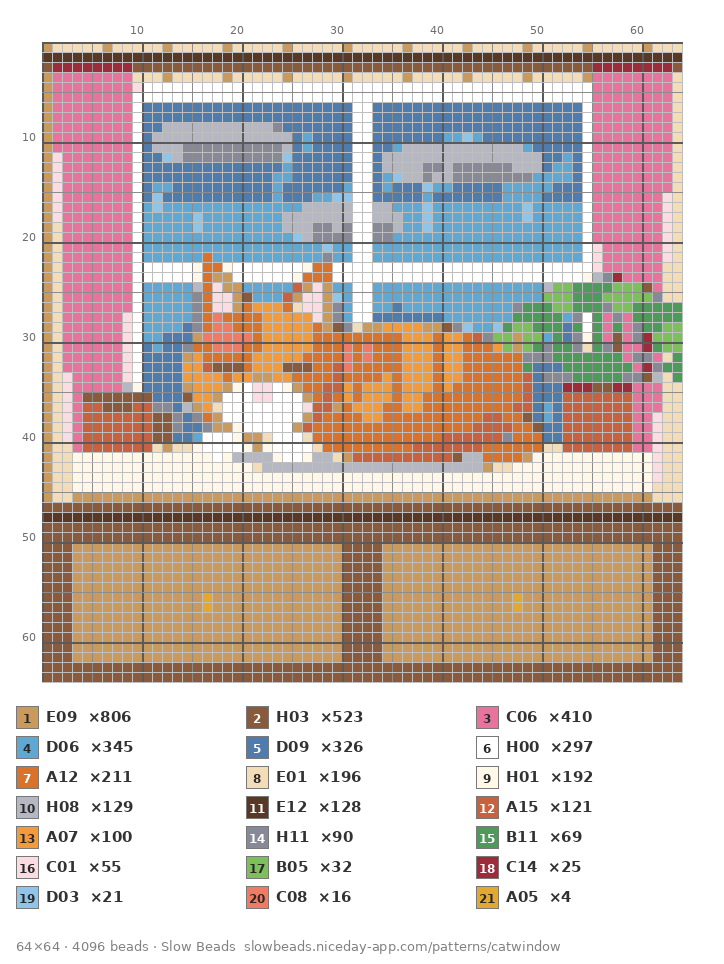 Cat on a Rainy Windowsill fuse bead pattern chart with color numbers