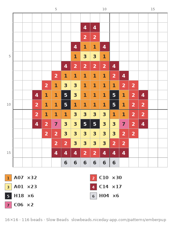 Ember Pup fuse bead pattern chart with color numbers