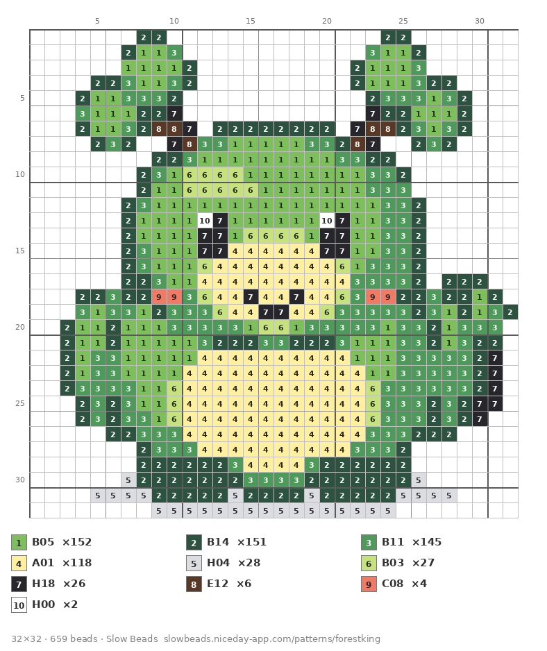 Forest King fuse bead pattern chart with color numbers