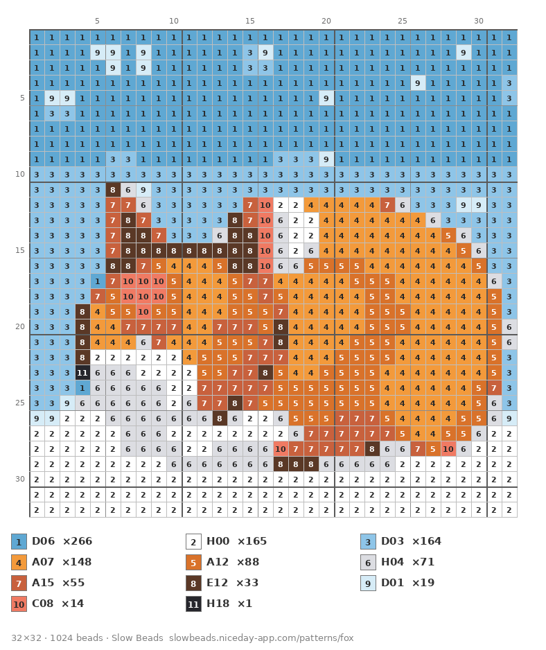 Fox Napping in Snow fuse bead pattern chart with color numbers