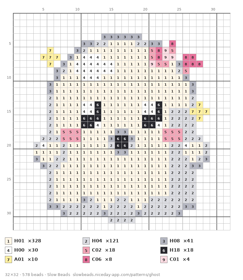 Soft Ghost fuse bead pattern chart with color numbers