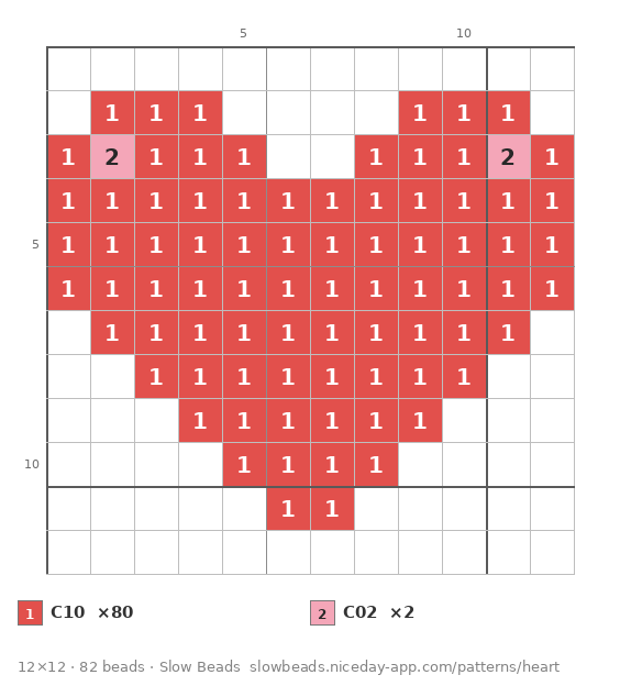 Soft Heart fuse bead pattern chart with color numbers