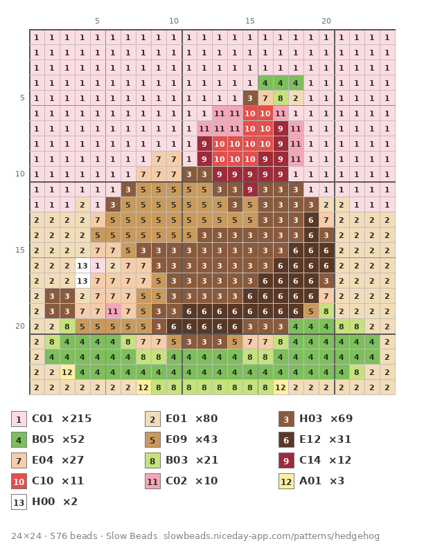 Hedgehog with an Apple fuse bead pattern chart with color numbers