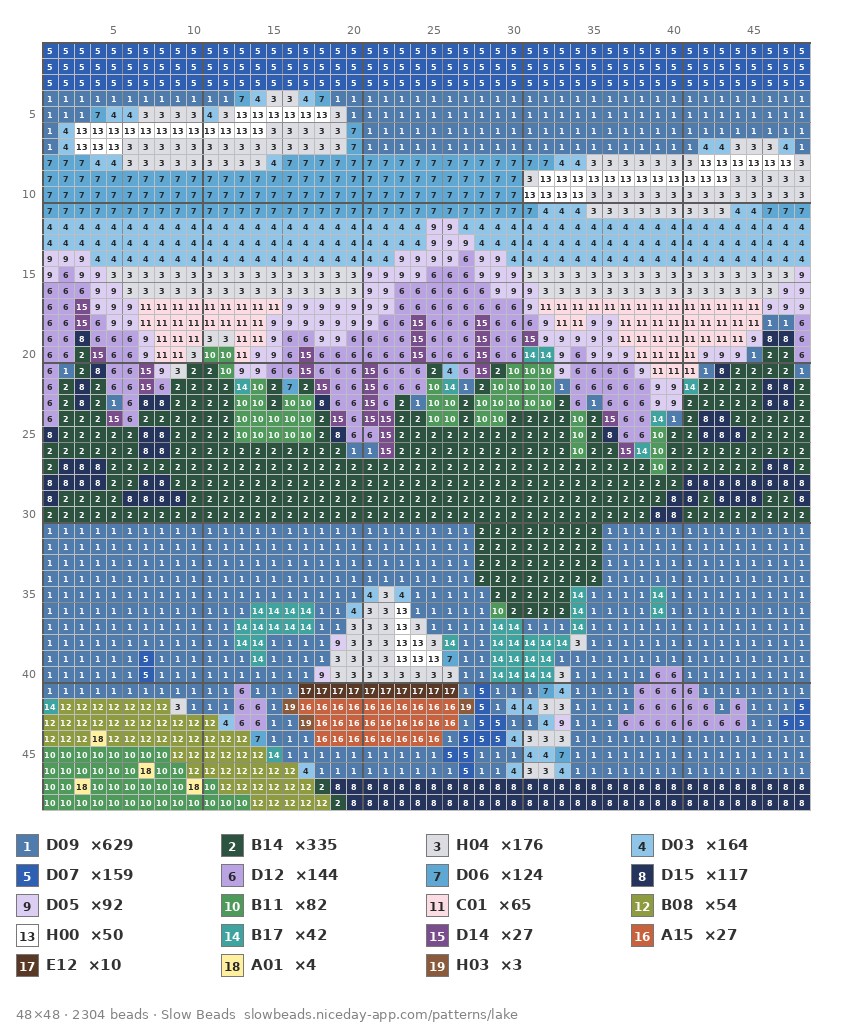 Mountain Lake Sunrise fuse bead pattern chart with color numbers