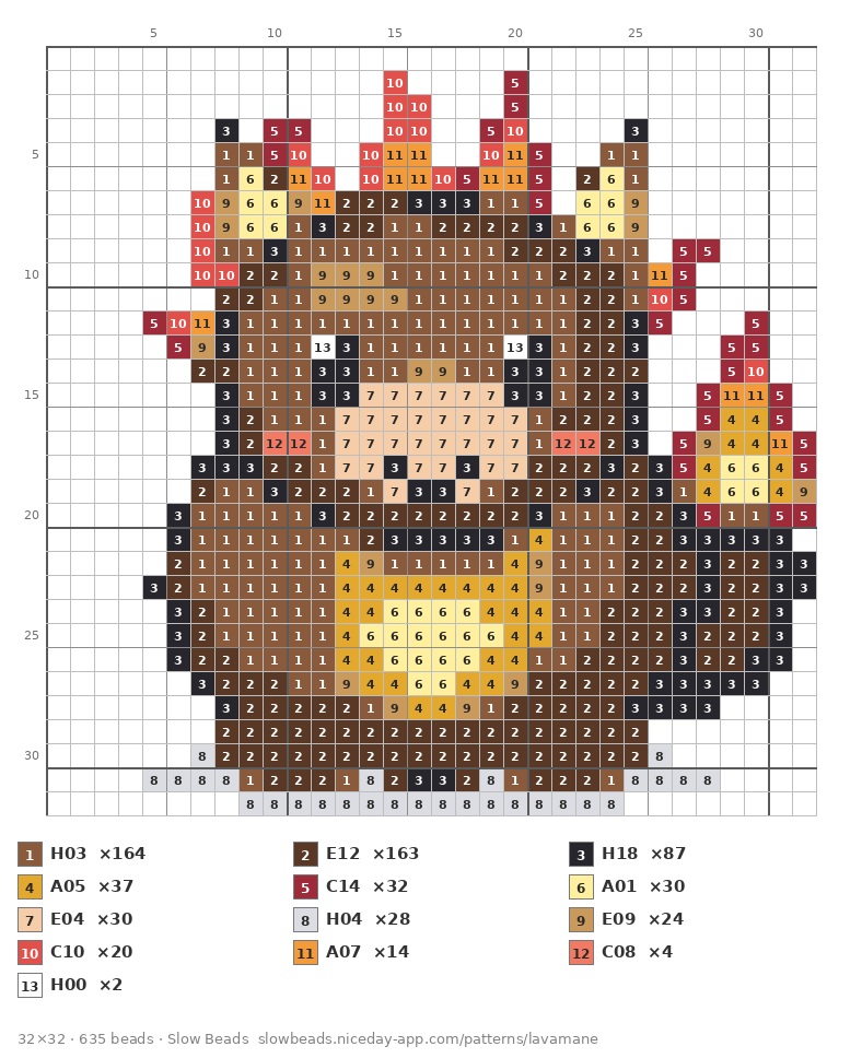 Lava Mane fuse bead pattern chart with color numbers