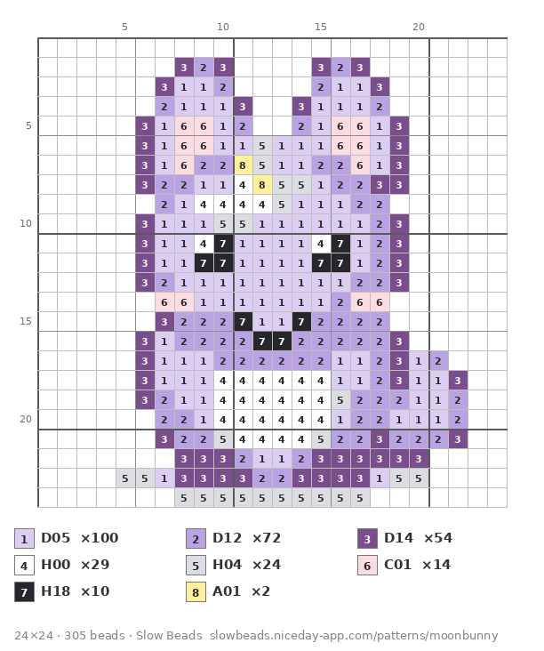 Moon Bunny fuse bead pattern chart with color numbers