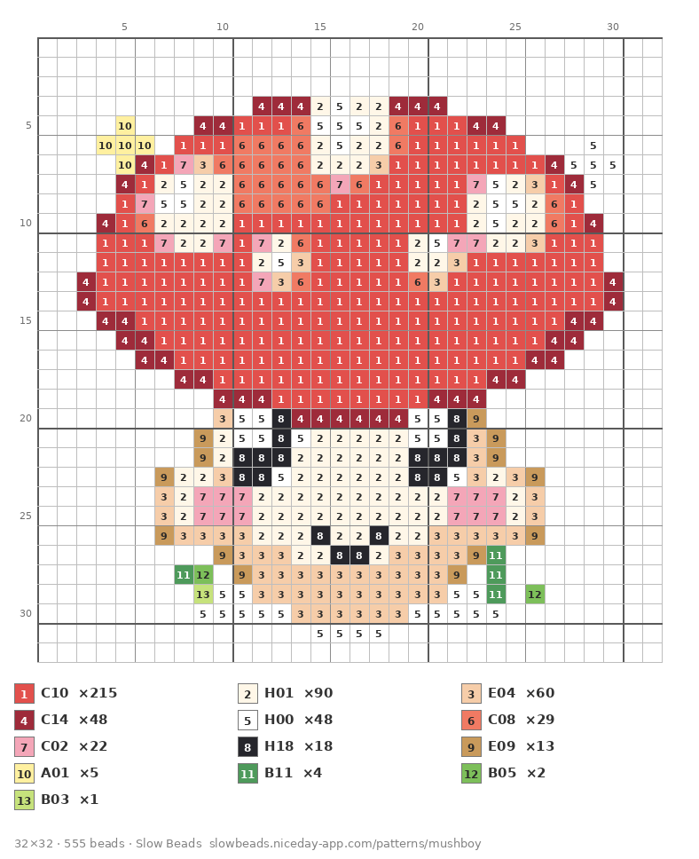 Little Mushroom fuse bead pattern chart with color numbers