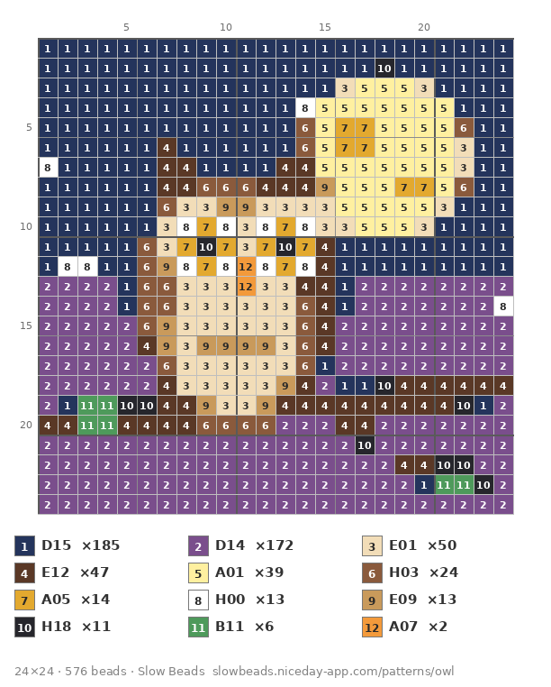 Owl under the Moon fuse bead pattern chart with color numbers