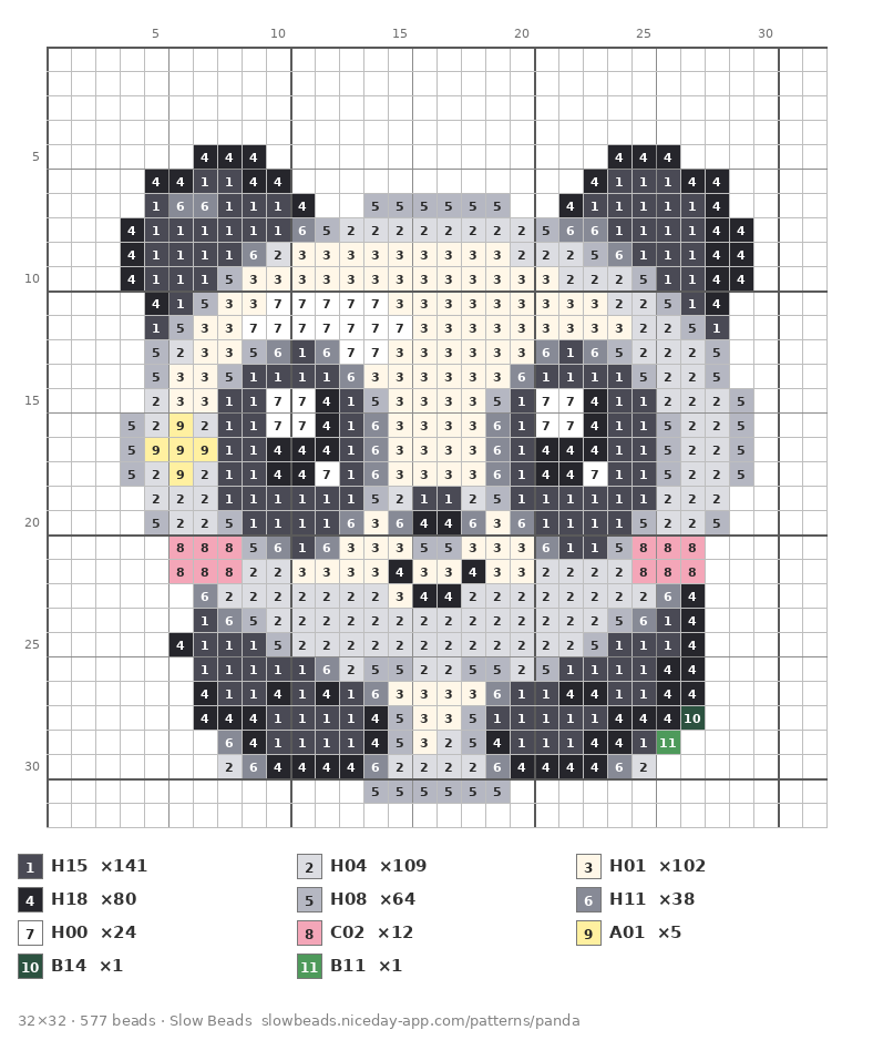 Panda Bun fuse bead pattern chart with color numbers