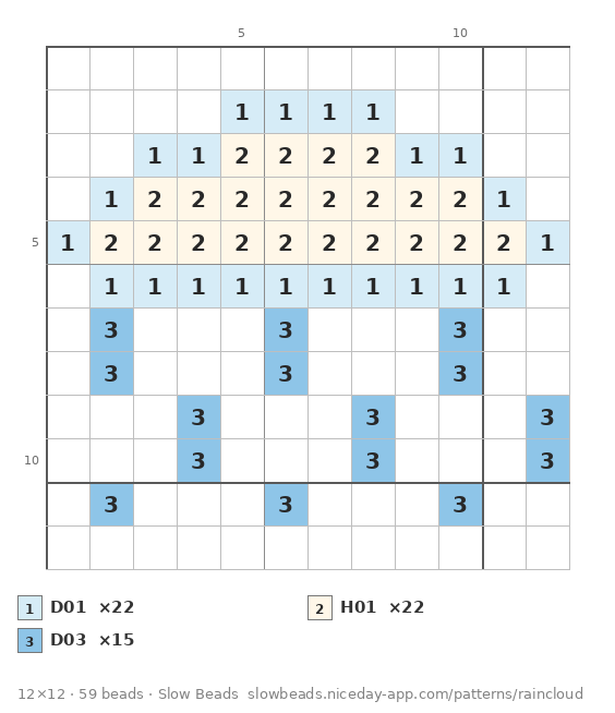 Rain Cloud fuse bead pattern chart with color numbers