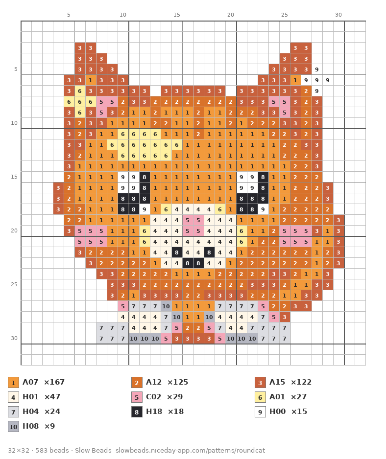 동글 고양이 아이롱비즈 도안 (색 번호 포함)