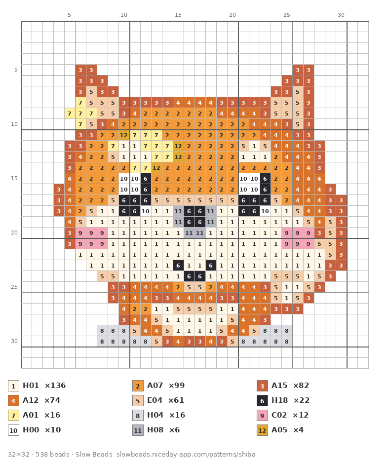 Little Shiba fuse bead pattern chart with color numbers