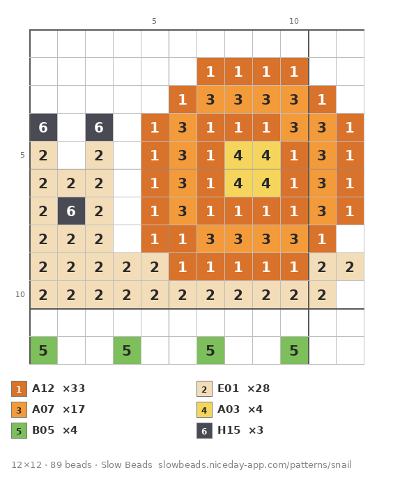 Take-it-slow Snail fuse bead pattern chart with color numbers