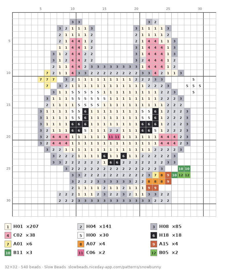 ゆきだまウサギのアイロンビーズ図案(色番号付き)