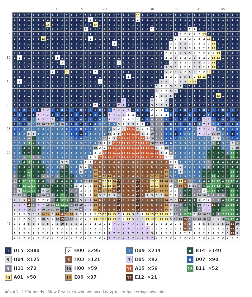 Snowy Cabin at Night fuse bead pattern chart with color numbers
