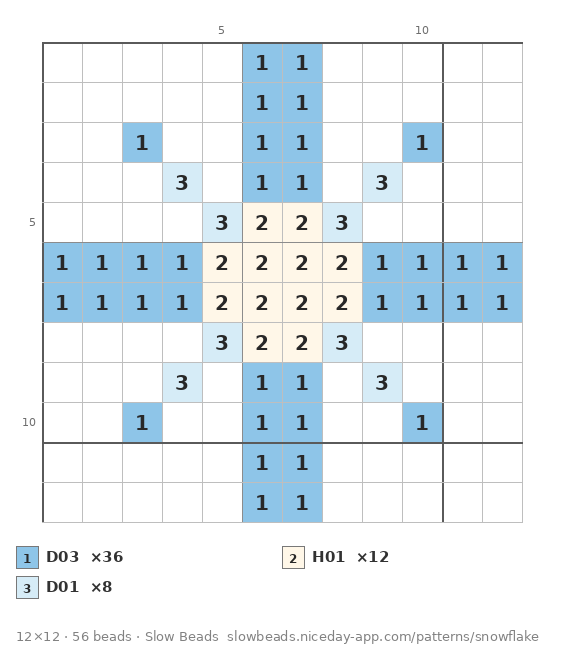 Snowflake fuse bead pattern chart with color numbers