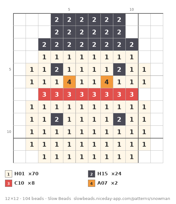 눈사람 아이롱비즈 도안 (색 번호 포함)