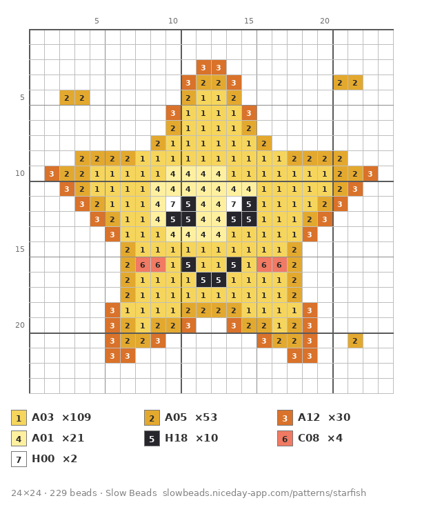 Star Fish Friend fuse bead pattern chart with color numbers
