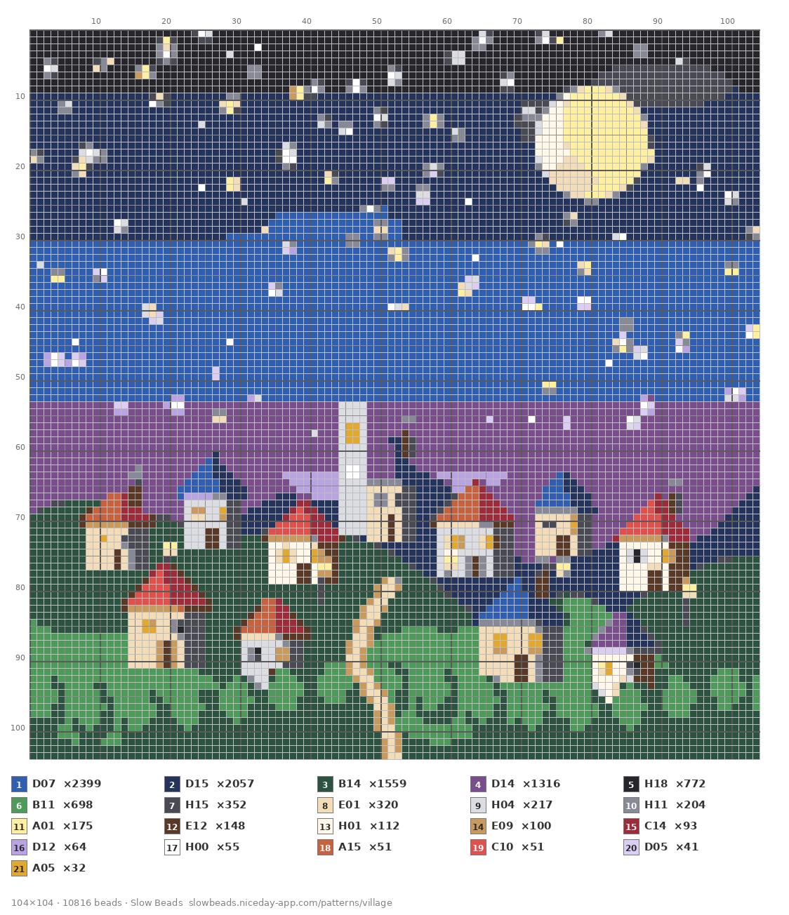 Starry Night Village fuse bead pattern chart with color numbers