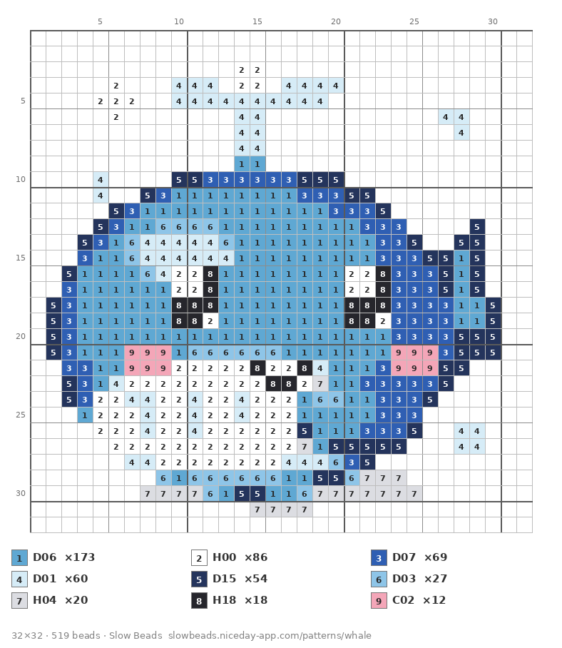 Round Whale fuse bead pattern chart with color numbers